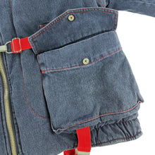 Load image into Gallery viewer, 1993 Armani Jeans denim pillow neck harness jacket with removable sleeves
